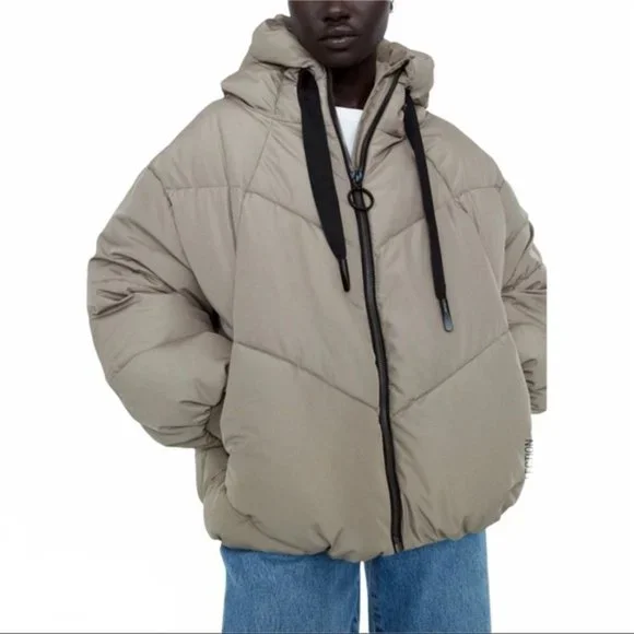 Zara Puffer Short Cropped Nude Taupe Puffer Hooded Winter Jacket Coat - Picture 2 of 6